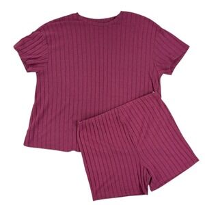 SHEIN Maternity Ribbed Knit Lounge Set XL Pink Short Sleeve Shorts Athleisure
